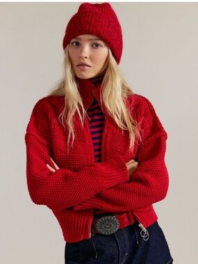 We The Free Red Chunky Zip Cardigan Sweater